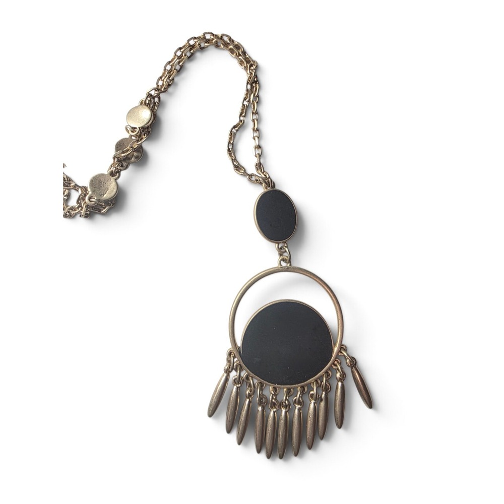 Vintage Gold  Black Enamel Round Tassel Fringe Pendant Cable Chain Necklace 24in